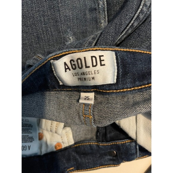AGOLDE Jeans Women 25 Flare Skinny Distressed Raw Hem Mid Rise Blue Ripped - Picture 6 of 7